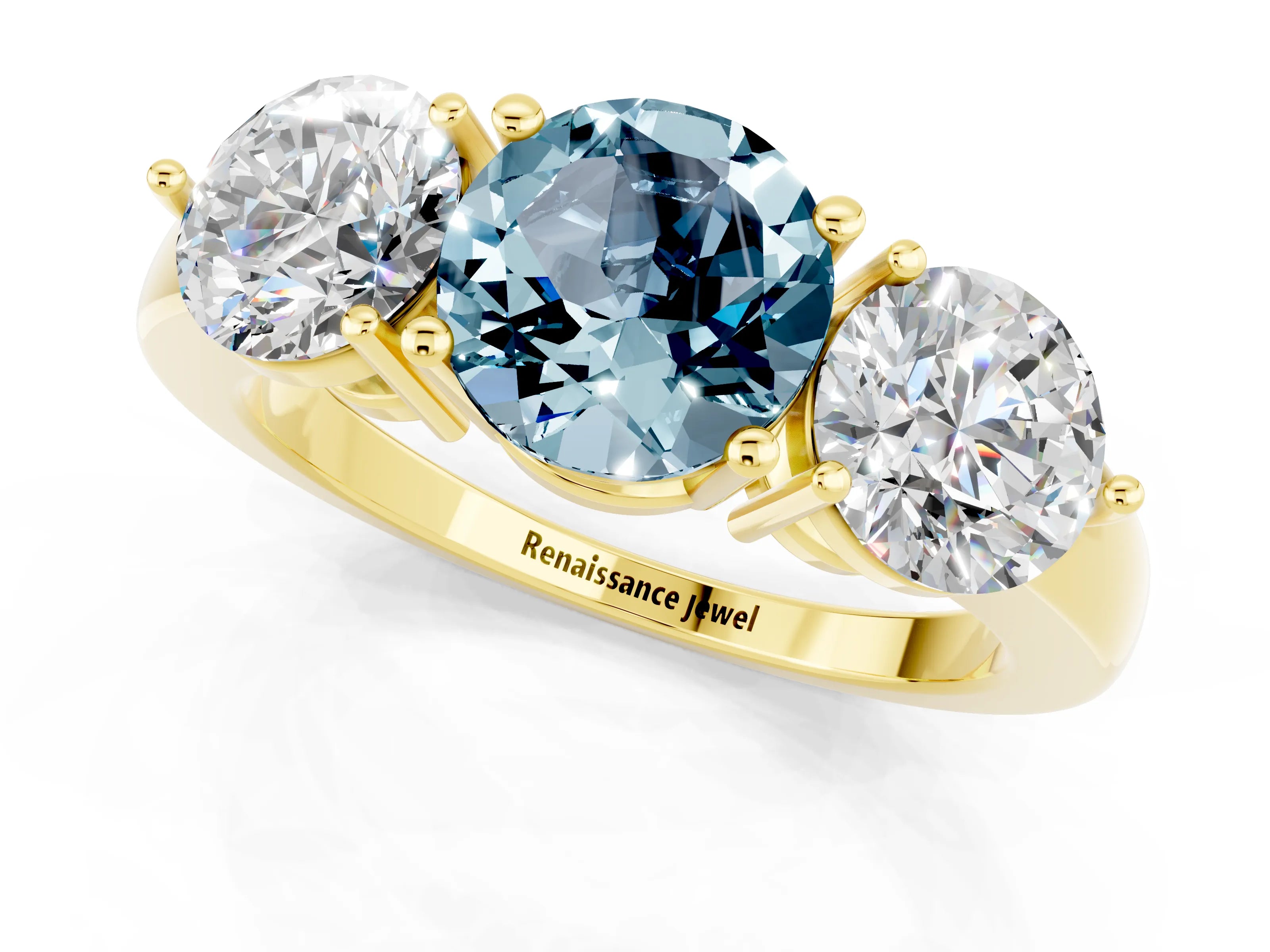 Yellow gold Round Cut Aquamarine Three-Stone Ring with Prong Setting and Classic Band_1