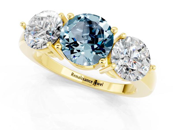 Yellow gold Round Cut Aquamarine Three-Stone Ring with Prong Setting and Classic Band