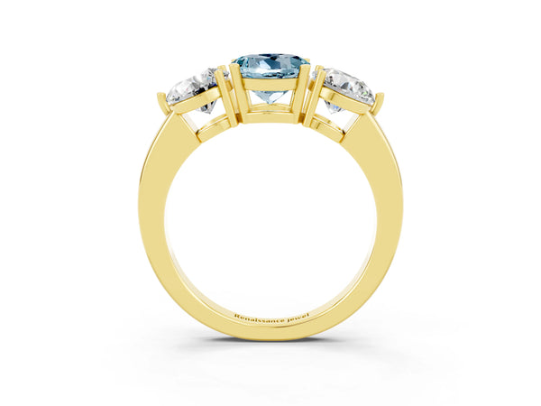 Yellow gold Round Cut Aquamarine Three-Stone Ring with Prong Setting and Classic Band