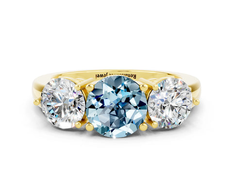 Yellow gold Round Cut Aquamarine Three-Stone Ring with Prong Setting and Classic Band