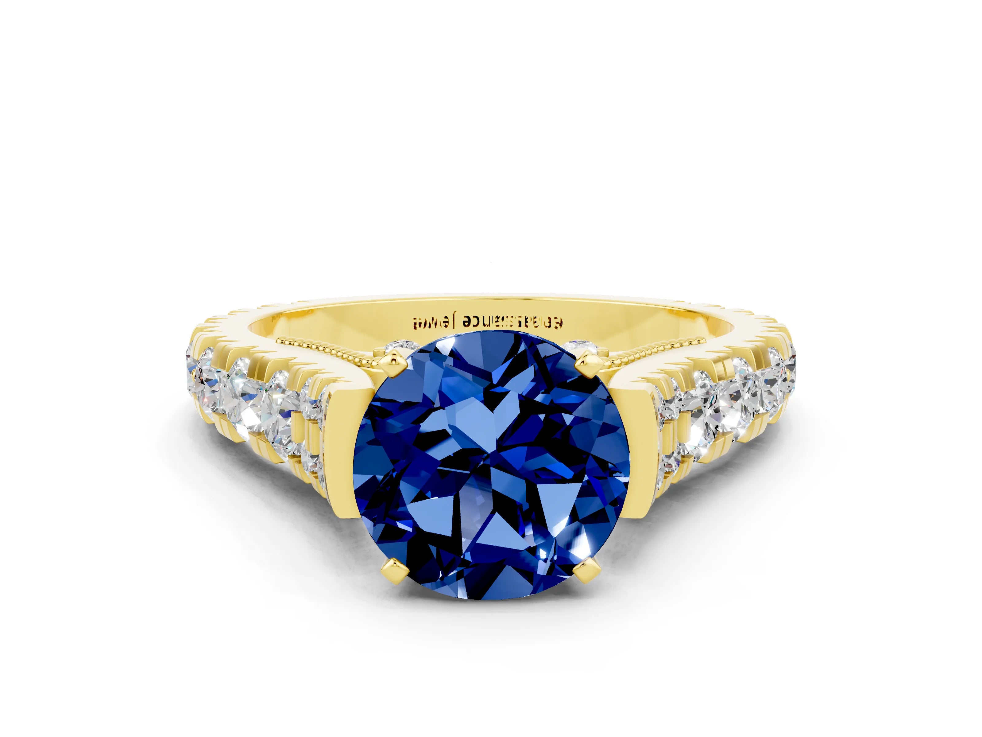 Yellow gold Round Cut Blue Sapphire Classic Solitaire Ring with Pavé Band and Four-Prong Setting
