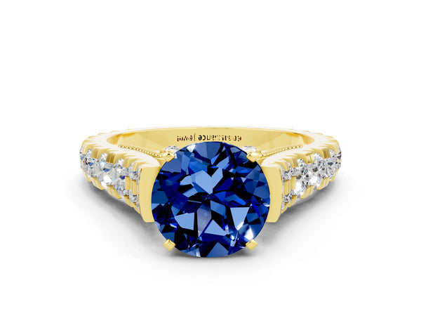 Yellow gold Round Cut Blue Sapphire Classic Solitaire Ring with Pavé Band and Four-Prong Setting