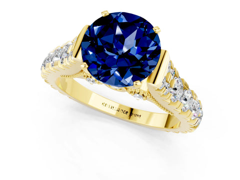 Yellow gold Round Cut Blue Sapphire Classic Solitaire Ring with Pavé Band and Four-Prong Setting_1