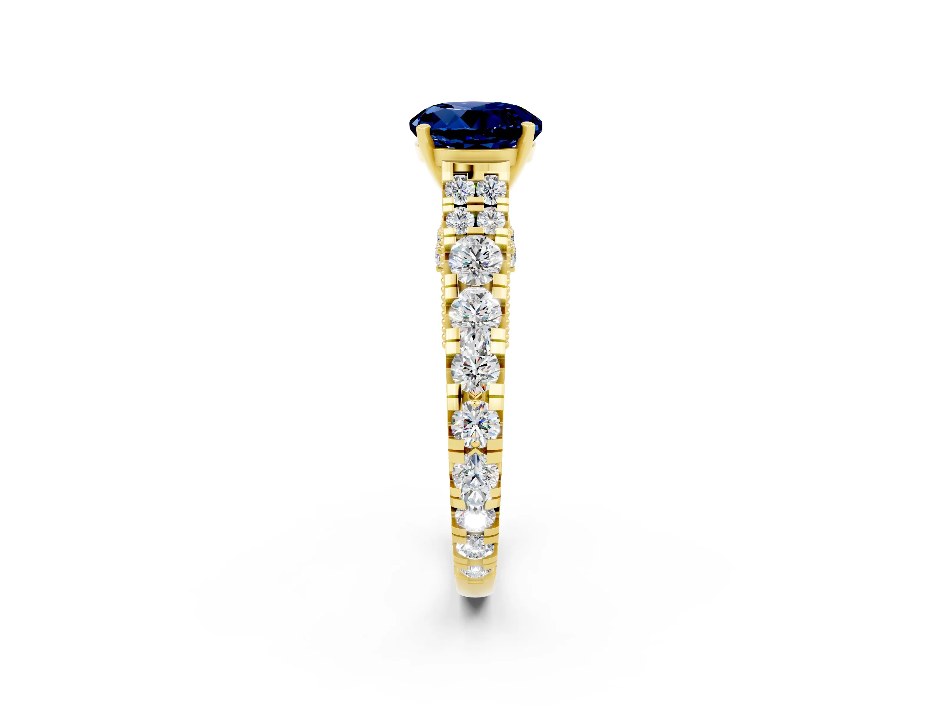 Yellow gold Round Cut Blue Sapphire Classic Solitaire Ring with Pavé Band and Four-Prong Setting_2