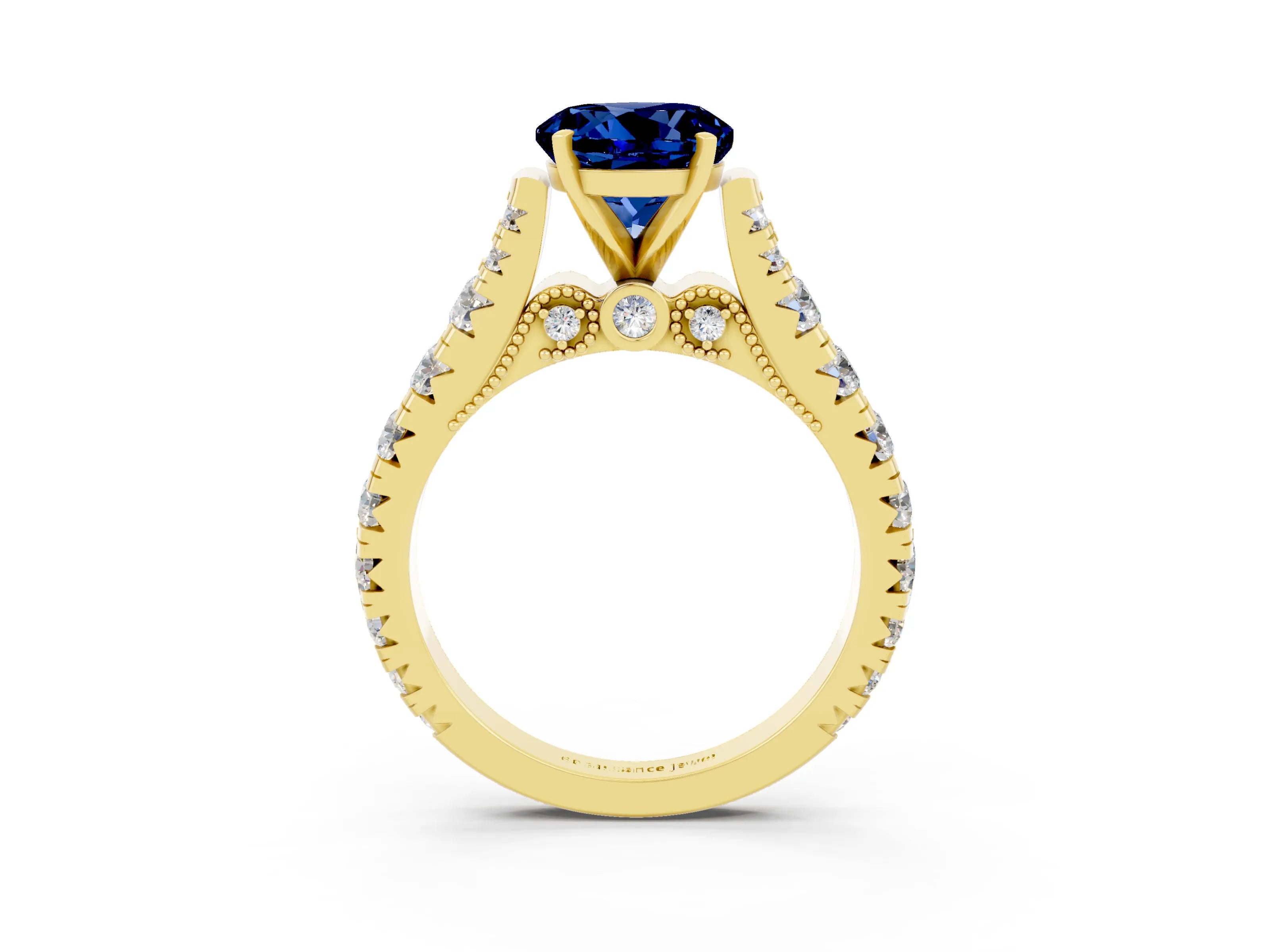 Yellow gold Round Cut Blue Sapphire Classic Solitaire Ring with Pavé Band and Four-Prong Setting_3