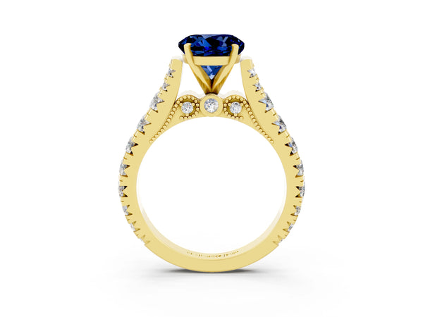 Yellow gold Round Cut Blue Sapphire Classic Solitaire Ring with Pavé Band and Four-Prong Setting