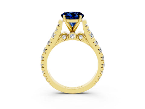 Yellow gold Round Cut Blue Sapphire Classic Solitaire Ring with Pavé Band and Four-Prong Setting_3