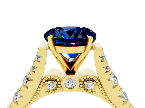 Yellow gold Round Cut Blue Sapphire Classic Solitaire Ring with Pavé Band and Four-Prong Setting_4