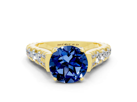 Yellow gold Round Cut Blue Sapphire Classic Solitaire Ring with Pavé Band and Four-Prong Setting
