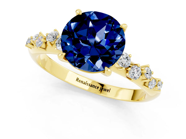 Yellow gold Round Cut Blue Sapphire Cluster Side Stone Solitaire Ring with Prong Setting