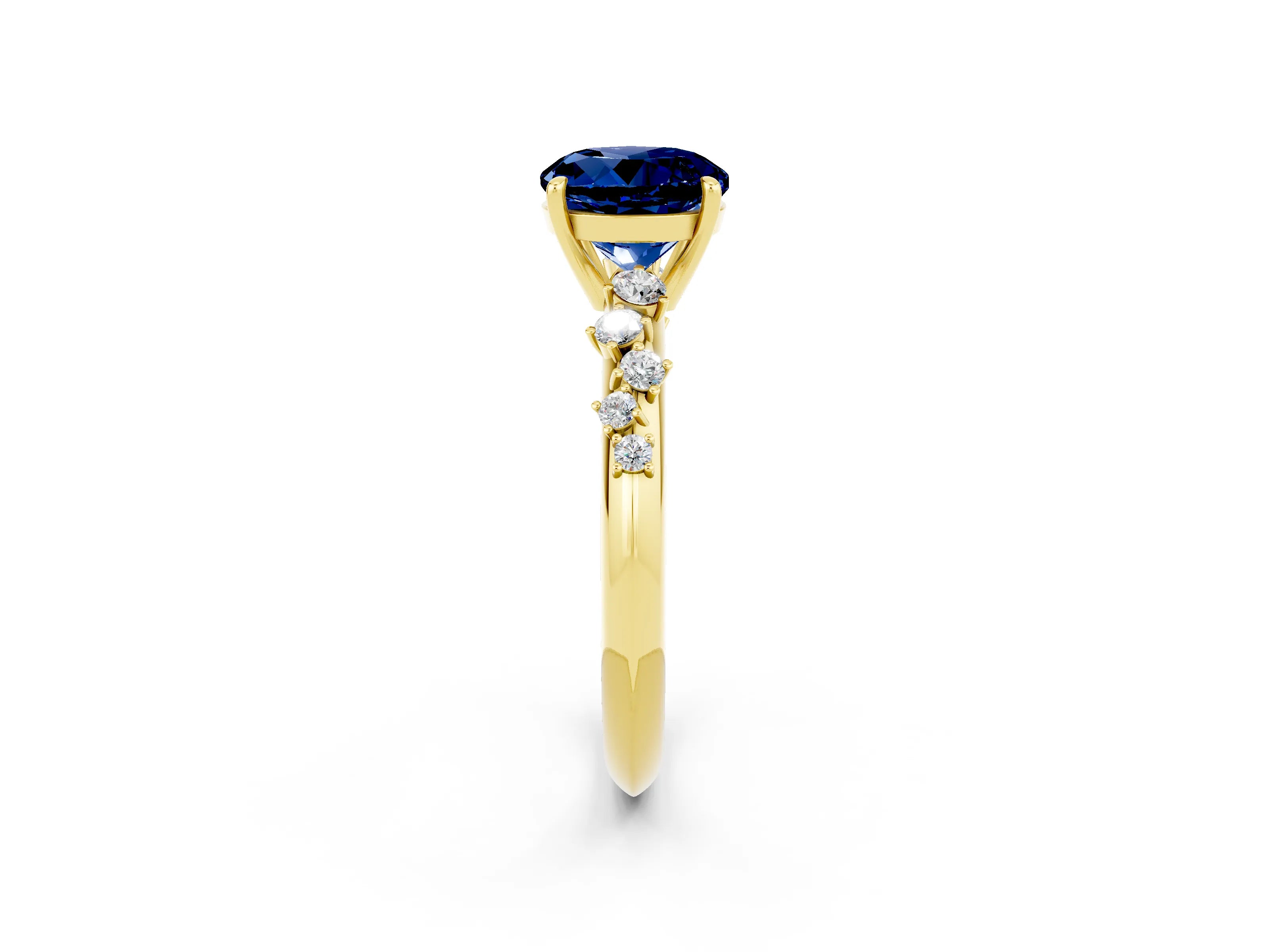 Yellow gold Round Cut Blue Sapphire Cluster Side Stone Solitaire Ring with Prong Setting_26