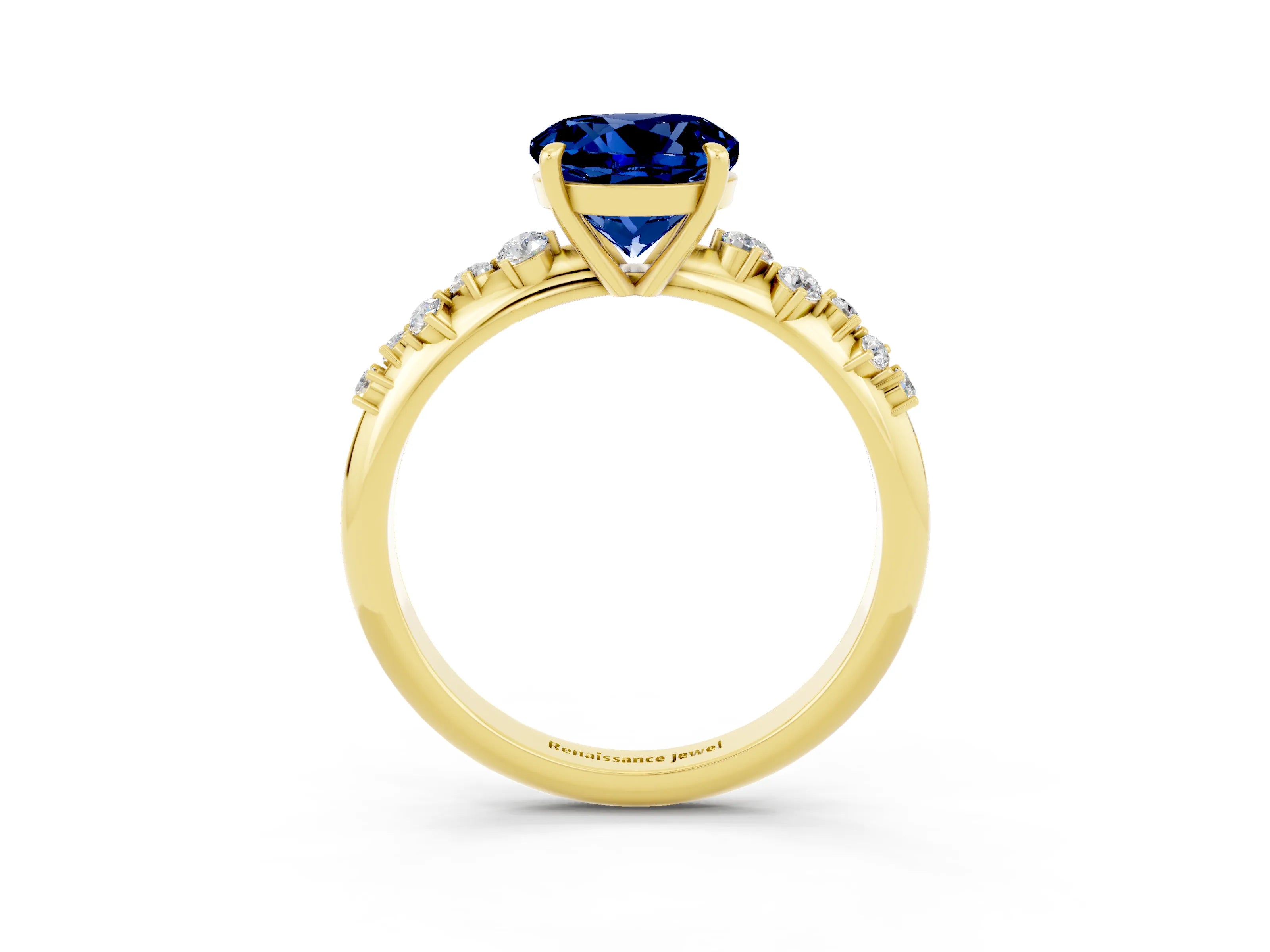 Yellow gold Round Cut Blue Sapphire Cluster Side Stone Solitaire Ring with Prong Setting_27
