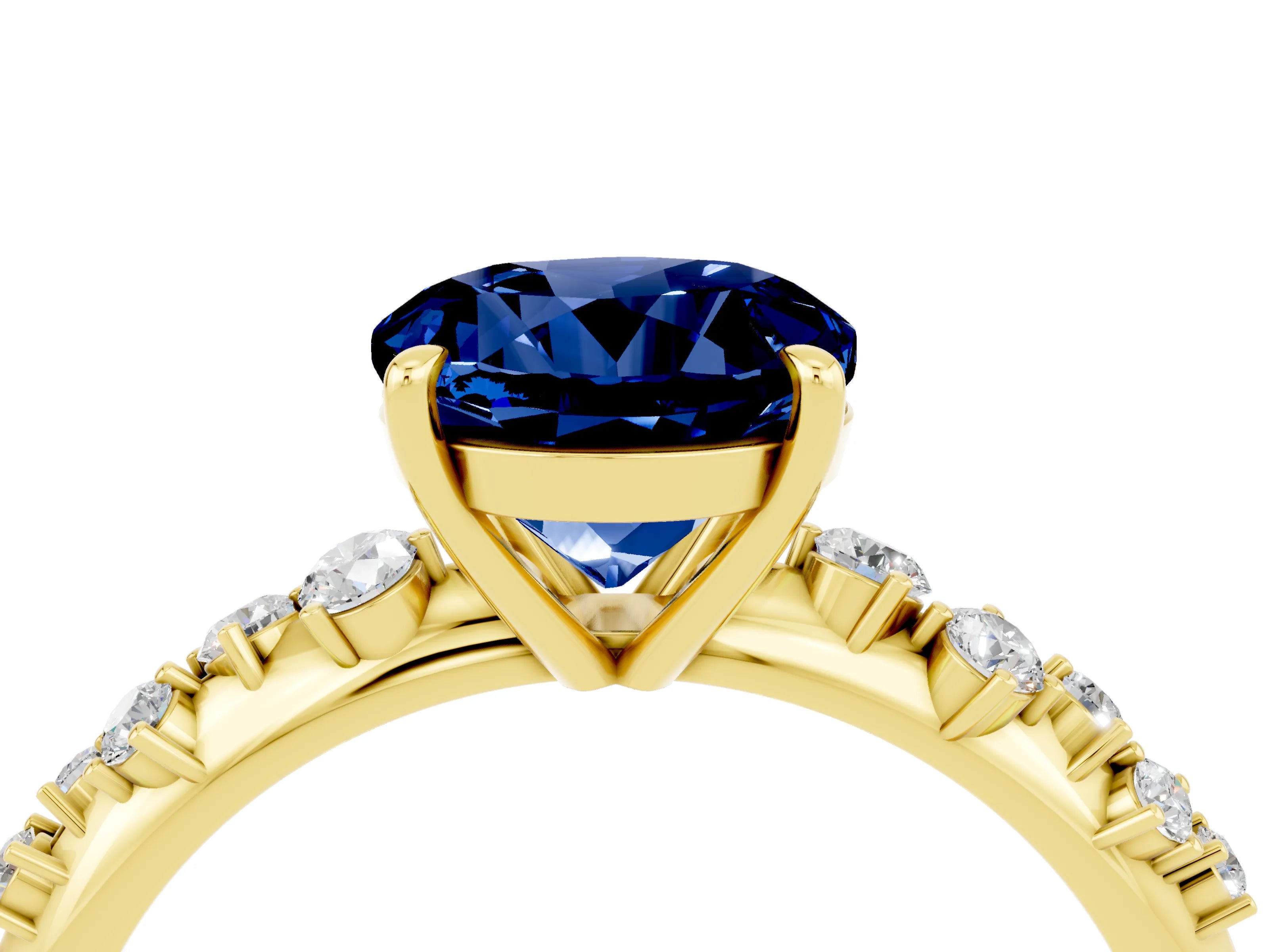Yellow gold Round Cut Blue Sapphire Cluster Side Stone Solitaire Ring with Prong Setting_28
