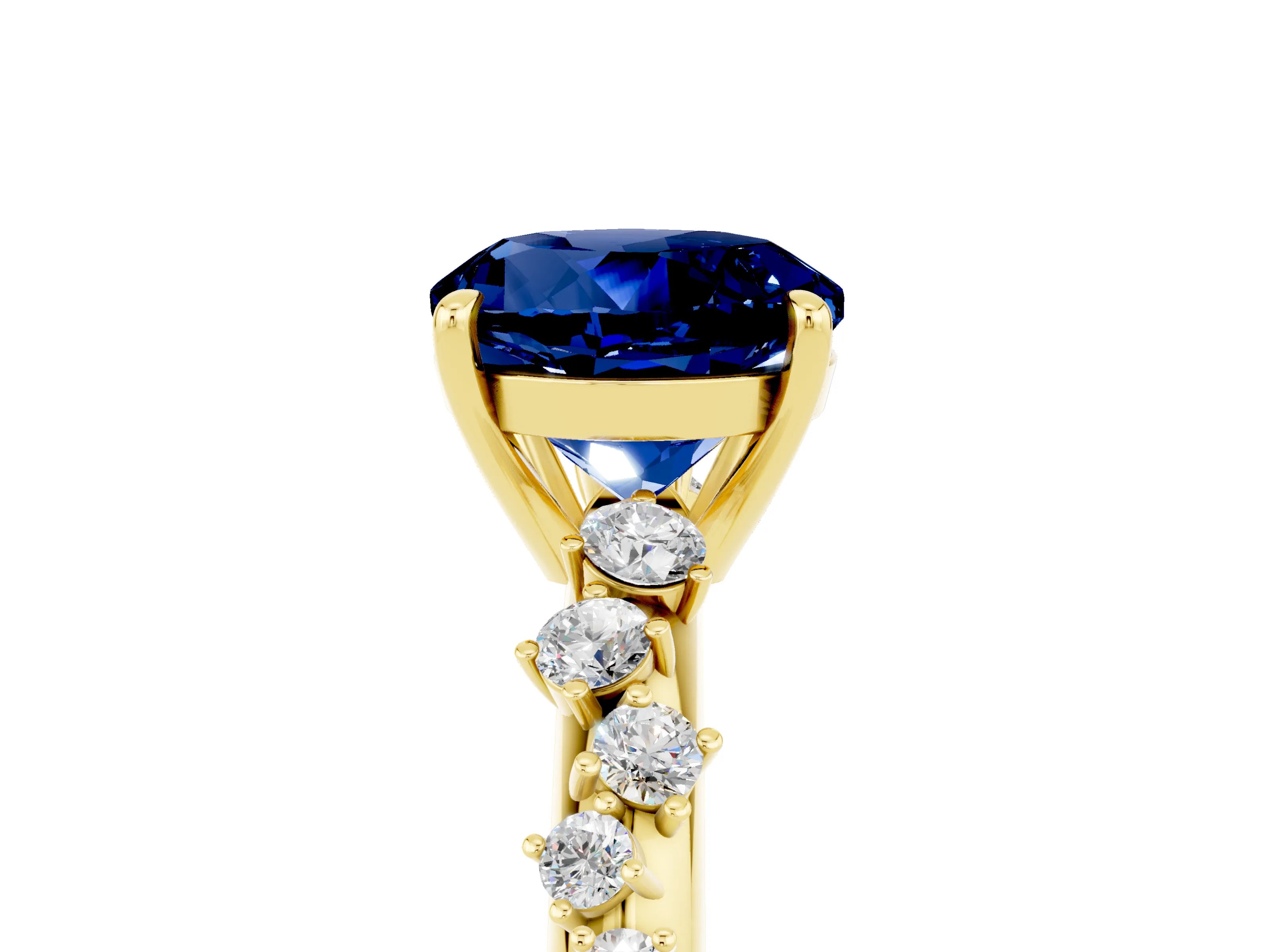 Yellow gold Round Cut Blue Sapphire Cluster Side Stone Solitaire Ring with Prong Setting_29