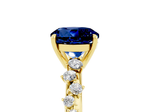 Yellow gold Round Cut Blue Sapphire Cluster Side Stone Solitaire Ring with Prong Setting_29