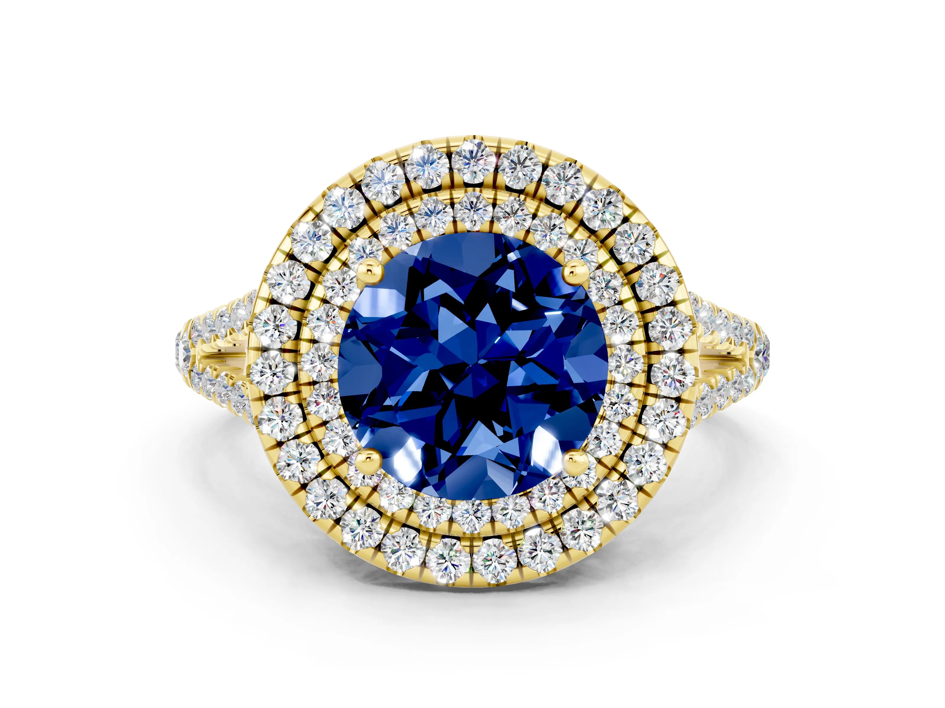 Yellow gold Round Cut Blue Sapphire Double Halo Ring with Pavé Band and Prong Setting_12
