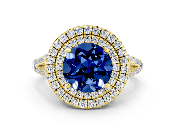 Yellow gold Round Cut Blue Sapphire Double Halo Ring with Pavé Band and Prong Setting