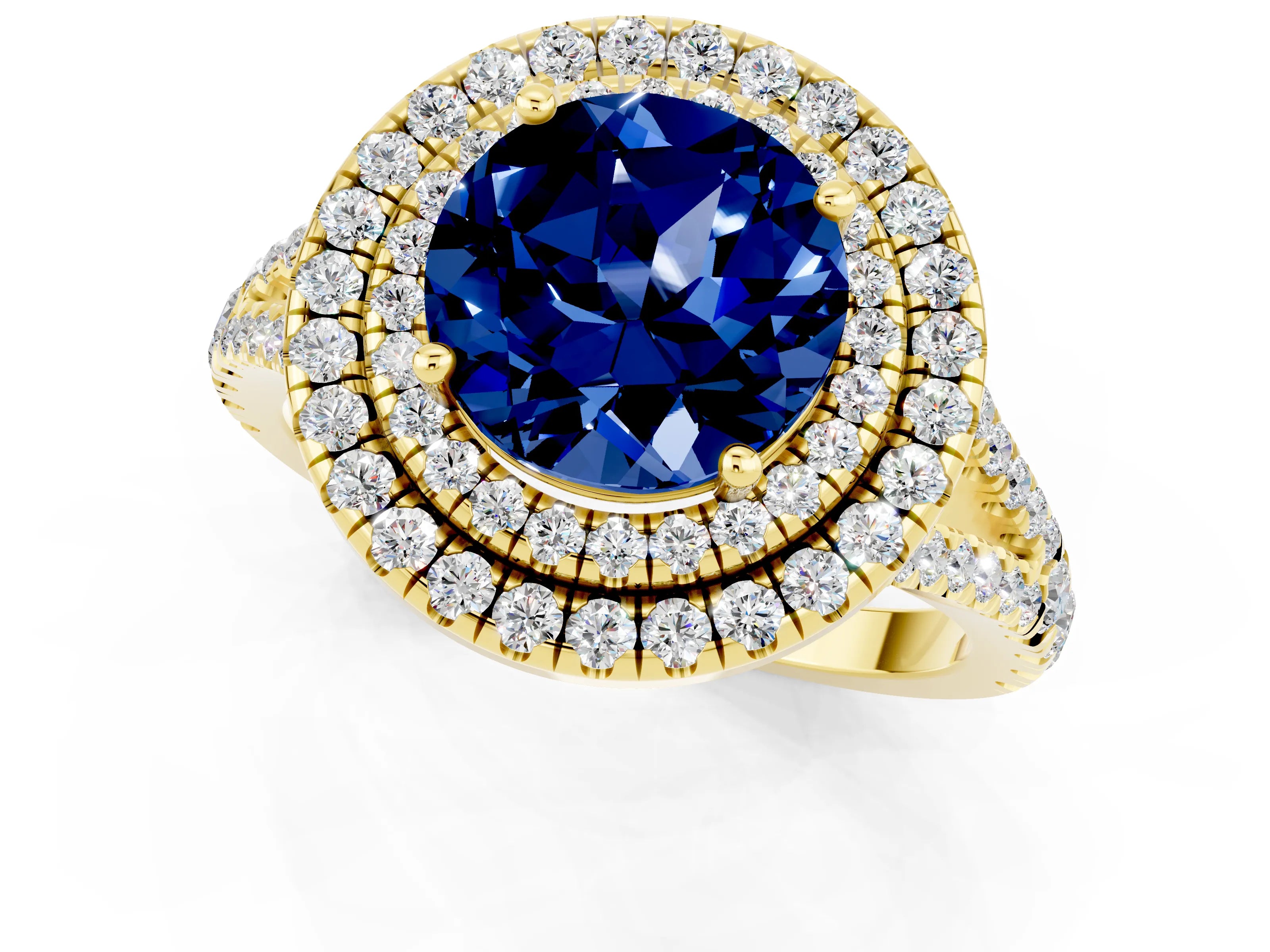 Yellow gold Round Cut Blue Sapphire Double Halo Ring with Pavé Band and Prong Setting_13