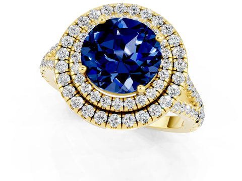 Yellow gold Round Cut Blue Sapphire Double Halo Ring with Pavé Band and Prong Setting_13