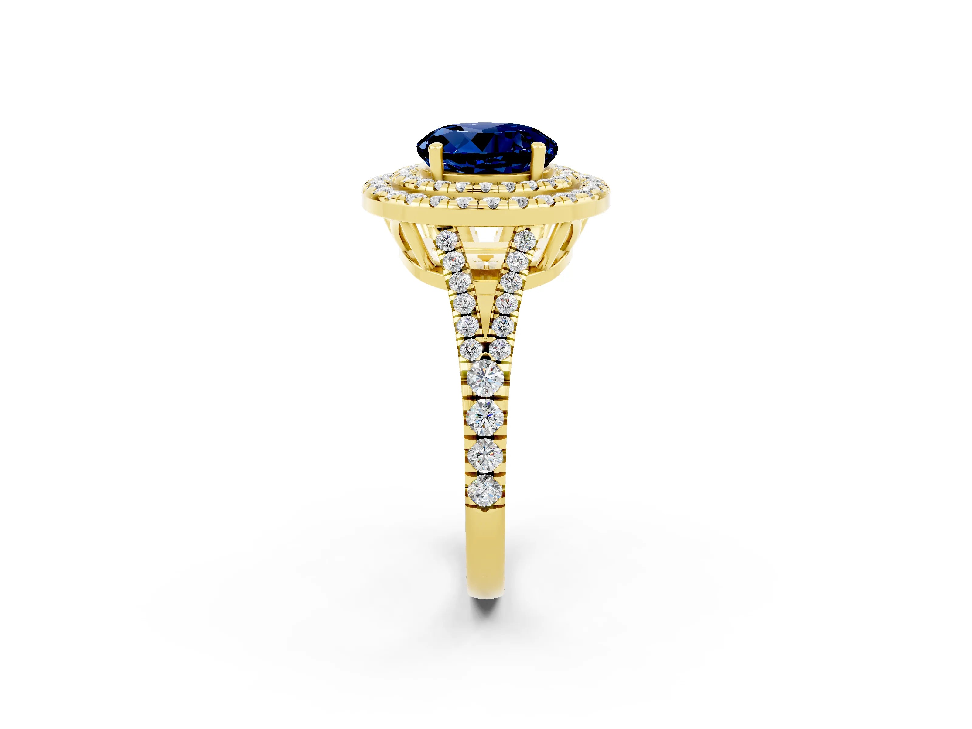 Yellow gold Round Cut Blue Sapphire Double Halo Ring with Pavé Band and Prong Setting_14