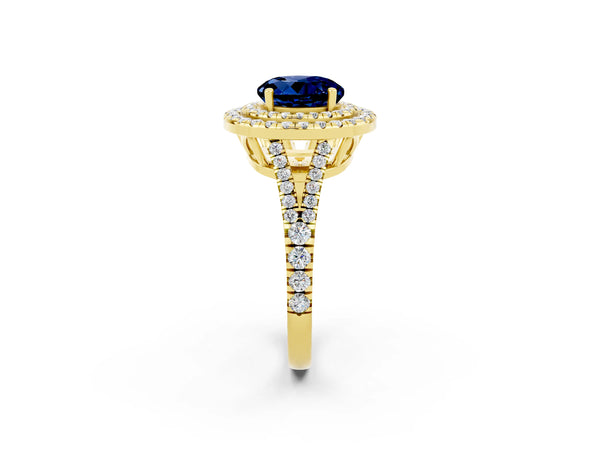 Yellow gold Round Cut Blue Sapphire Double Halo Ring with Pavé Band and Prong Setting