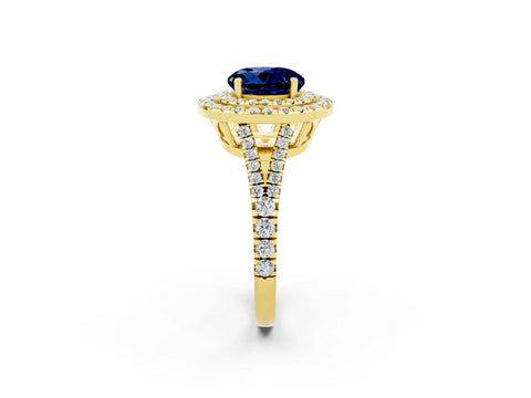 Yellow gold Round Cut Blue Sapphire Double Halo Ring with Pavé Band and Prong Setting_14