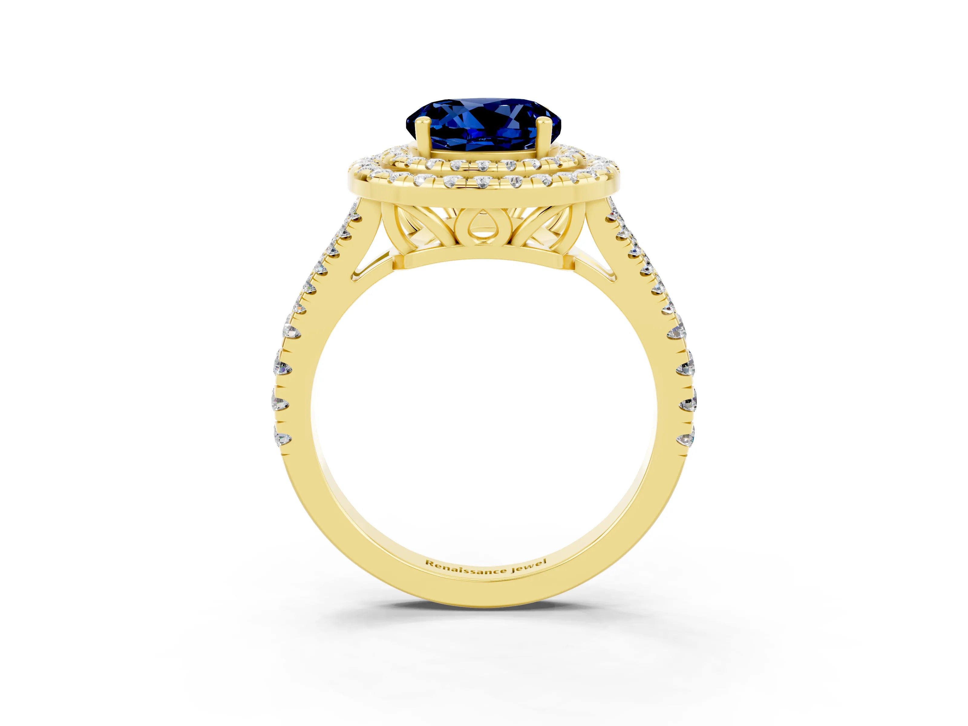 Yellow gold Round Cut Blue Sapphire Double Halo Ring with Pavé Band and Prong Setting_15