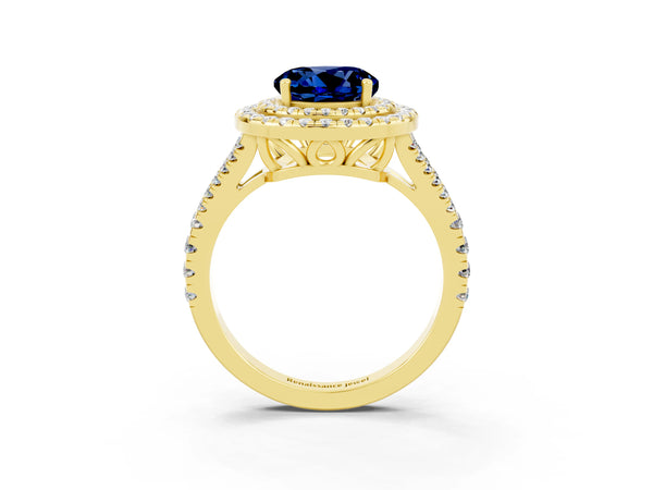 Yellow gold Round Cut Blue Sapphire Double Halo Ring with Pavé Band and Prong Setting
