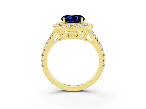 Yellow gold Round Cut Blue Sapphire Double Halo Ring with Pavé Band and Prong Setting_15
