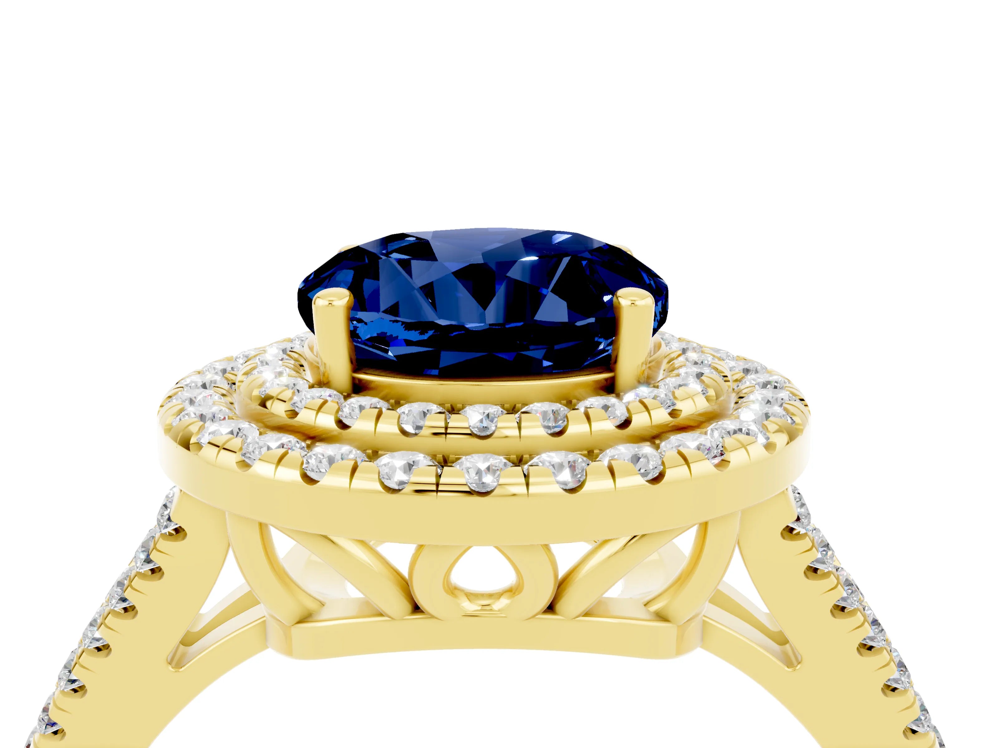 Yellow gold Round Cut Blue Sapphire Double Halo Ring with Pavé Band and Prong Setting_16
