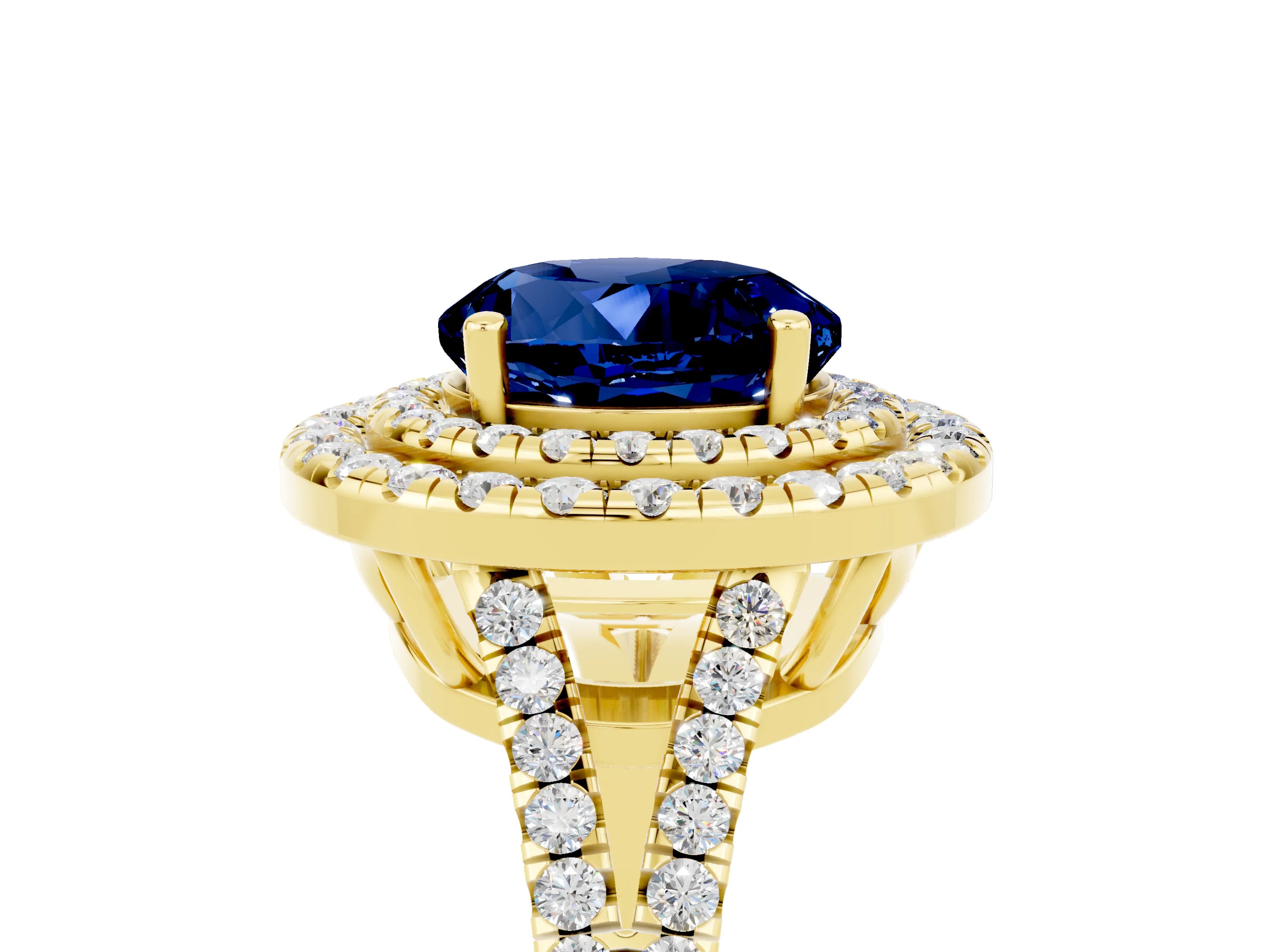 Yellow gold Round Cut Blue Sapphire Double Halo Ring with Pavé Band and Prong Setting_17