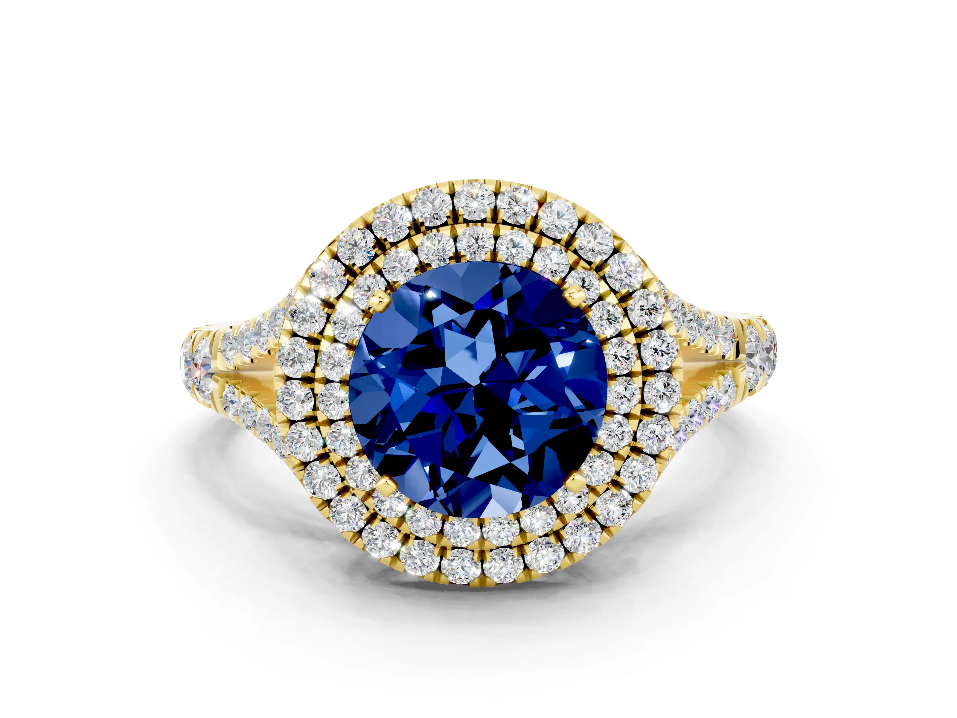 Yellow gold Round Cut Blue Sapphire Double Halo Ring with Split Shank and Prong Setting_12