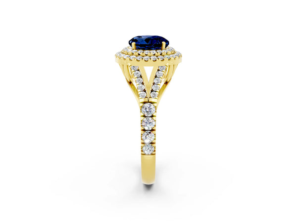 Yellow gold Round Cut Blue Sapphire Double Halo Ring with Split Shank and Prong Setting