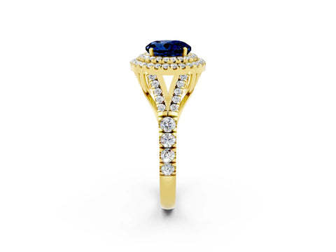 Yellow gold Round Cut Blue Sapphire Double Halo Ring with Split Shank and Prong Setting_14