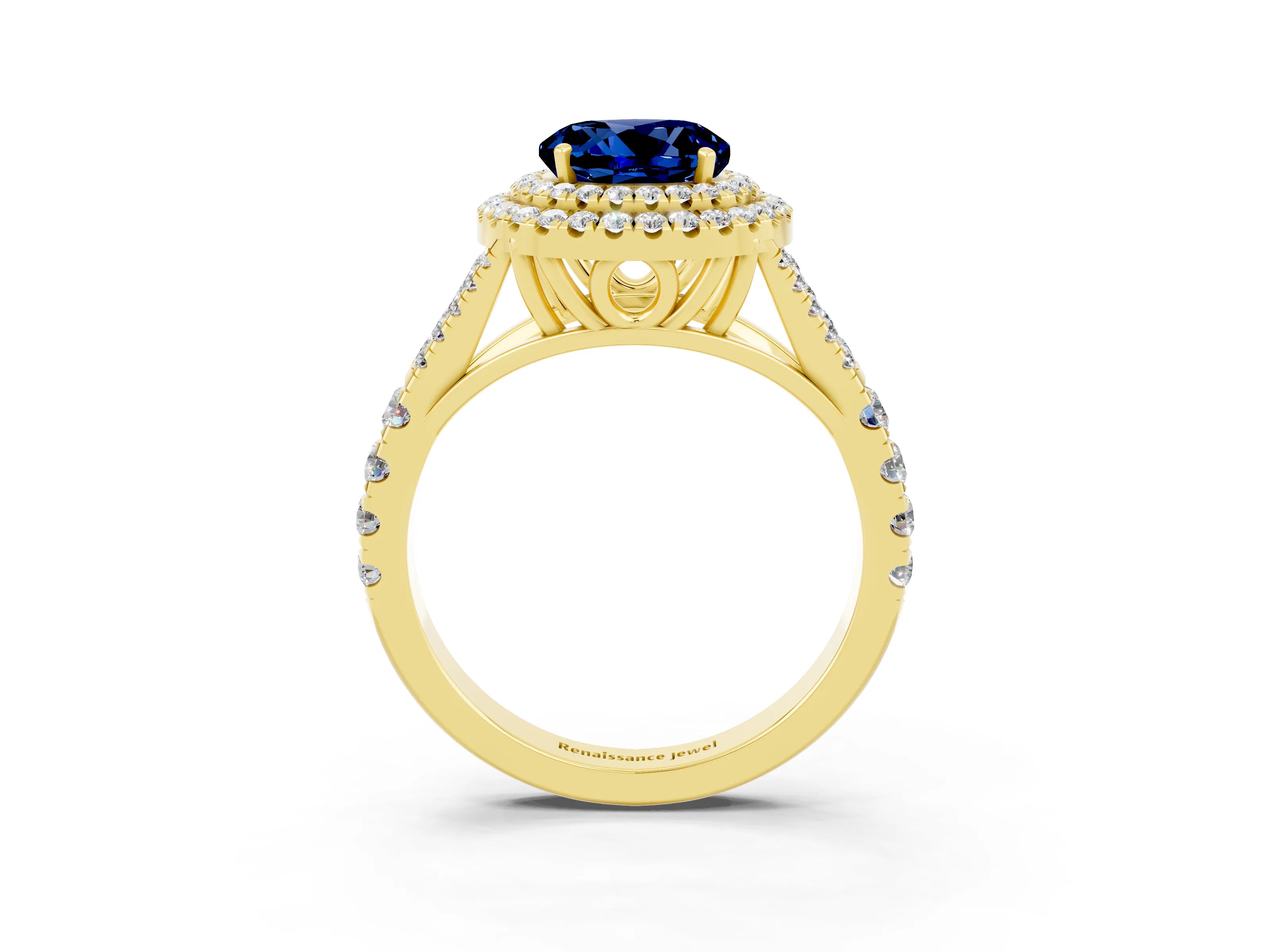 Yellow gold Round Cut Blue Sapphire Double Halo Ring with Split Shank and Prong Setting_15