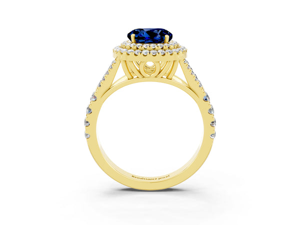 Yellow gold Round Cut Blue Sapphire Double Halo Ring with Split Shank and Prong Setting