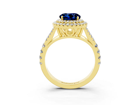 Yellow gold Round Cut Blue Sapphire Double Halo Ring with Split Shank and Prong Setting_15