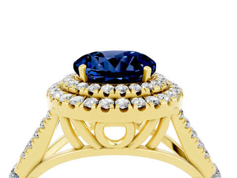 Yellow gold Round Cut Blue Sapphire Double Halo Ring with Split Shank and Prong Setting_16