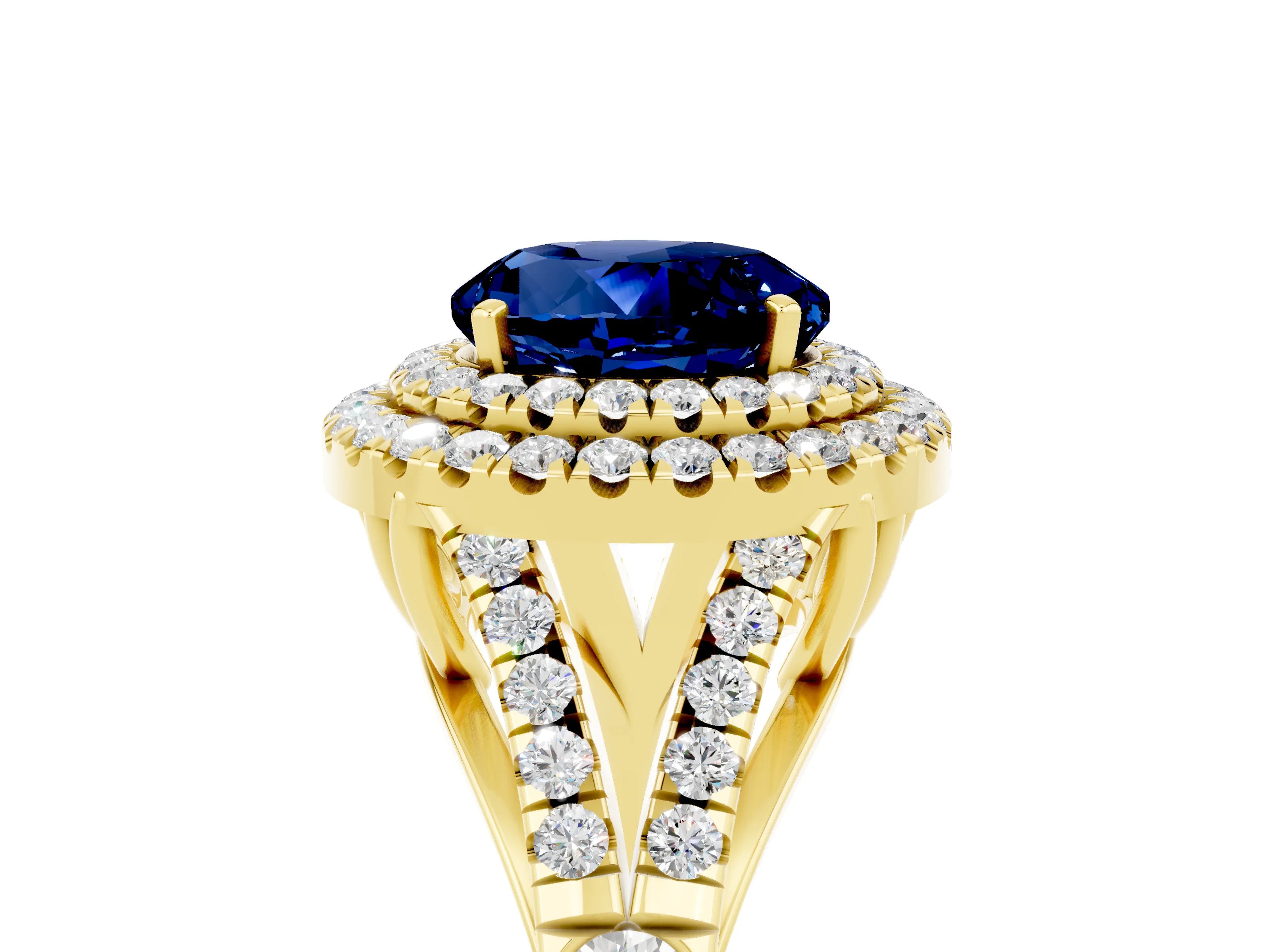 Yellow gold Round Cut Blue Sapphire Double Halo Ring with Split Shank and Prong Setting_17