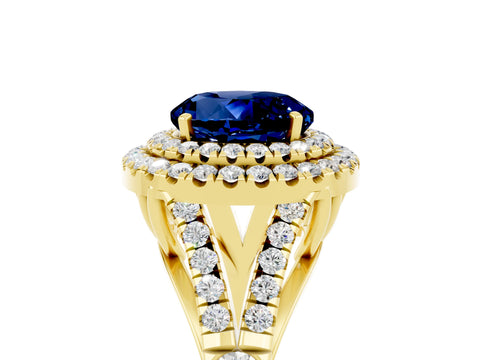 Yellow gold Round Cut Blue Sapphire Double Halo Ring with Split Shank and Prong Setting_17