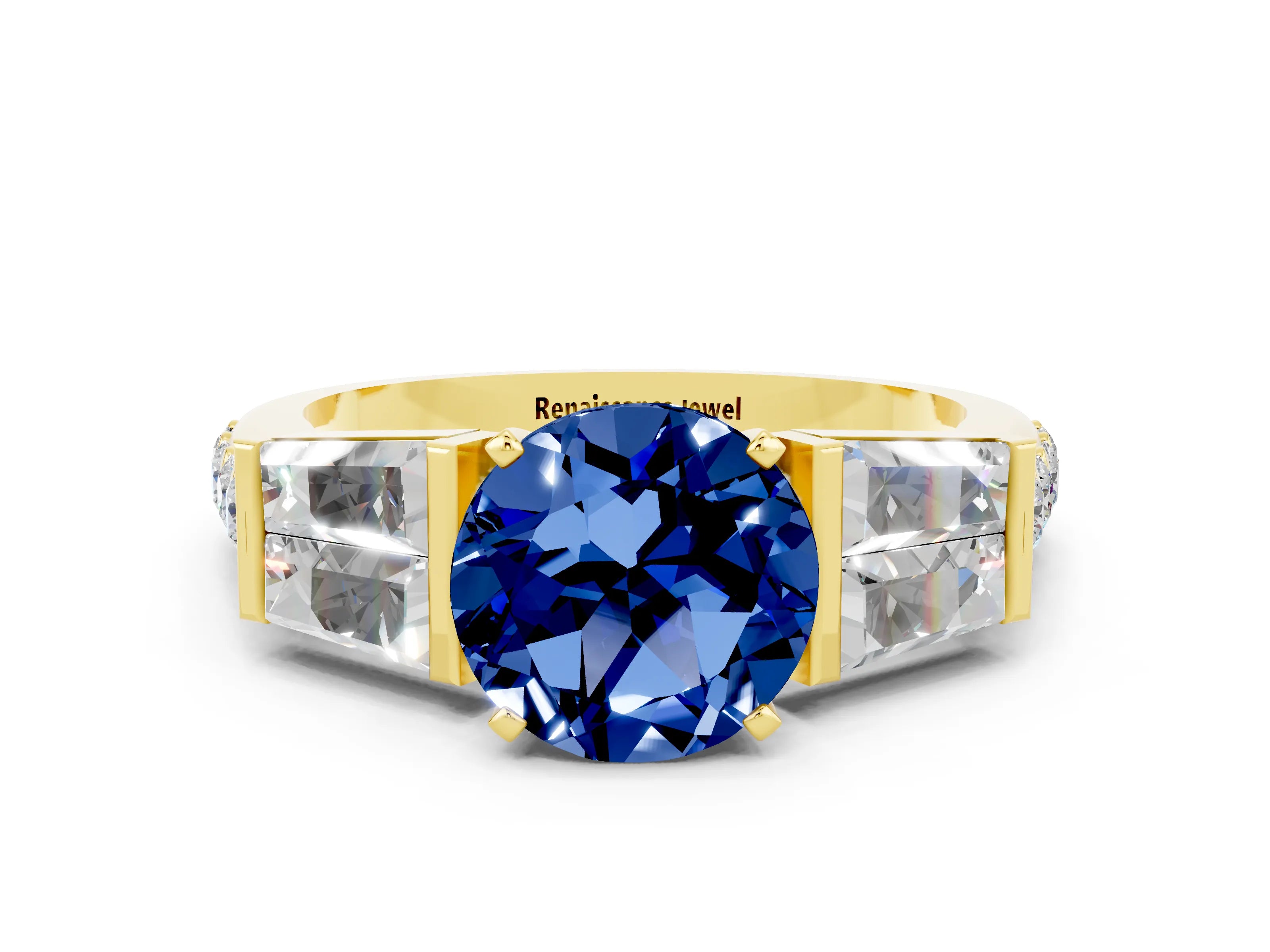 Yellow gold Round Cut Blue Sapphire Engagement Ring with Baguette Side Stones and Channel Set Band