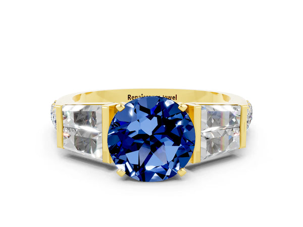 Yellow gold Round Cut Blue Sapphire Engagement Ring with Baguette Side Stones and Channel Set Band