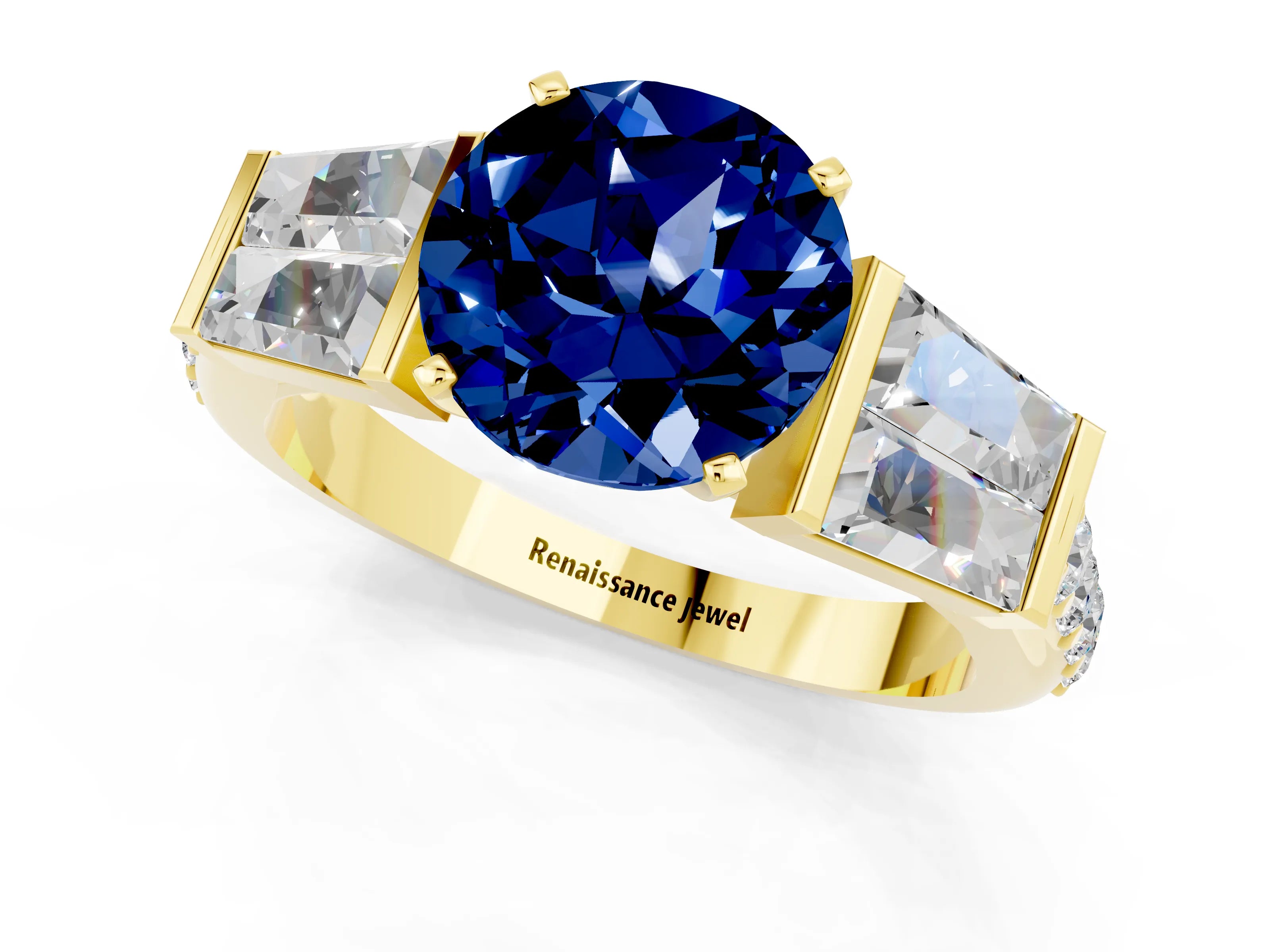 Yellow gold Round Cut Blue Sapphire Engagement Ring with Baguette Side Stones and Channel Set Band_1