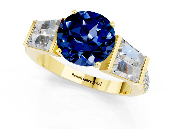 Yellow gold Round Cut Blue Sapphire Engagement Ring with Baguette Side Stones and Channel Set Band