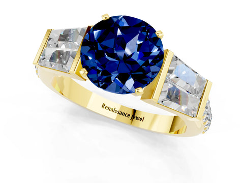 Yellow gold Round Cut Blue Sapphire Engagement Ring with Baguette Side Stones and Channel Set Band_1