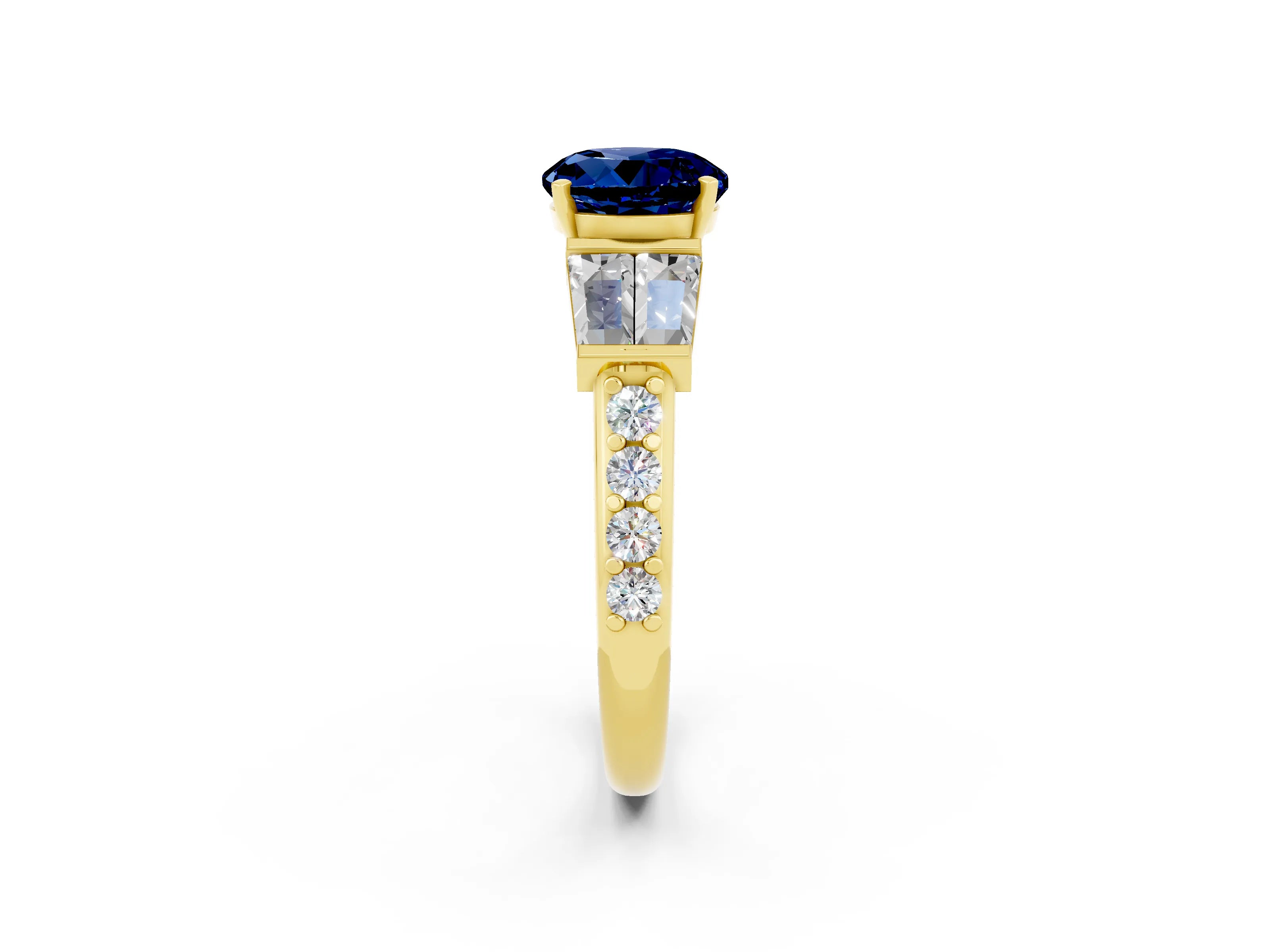 Yellow gold Round Cut Blue Sapphire Engagement Ring with Baguette Side Stones and Channel Set Band_2