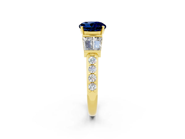 Yellow gold Round Cut Blue Sapphire Engagement Ring with Baguette Side Stones and Channel Set Band
