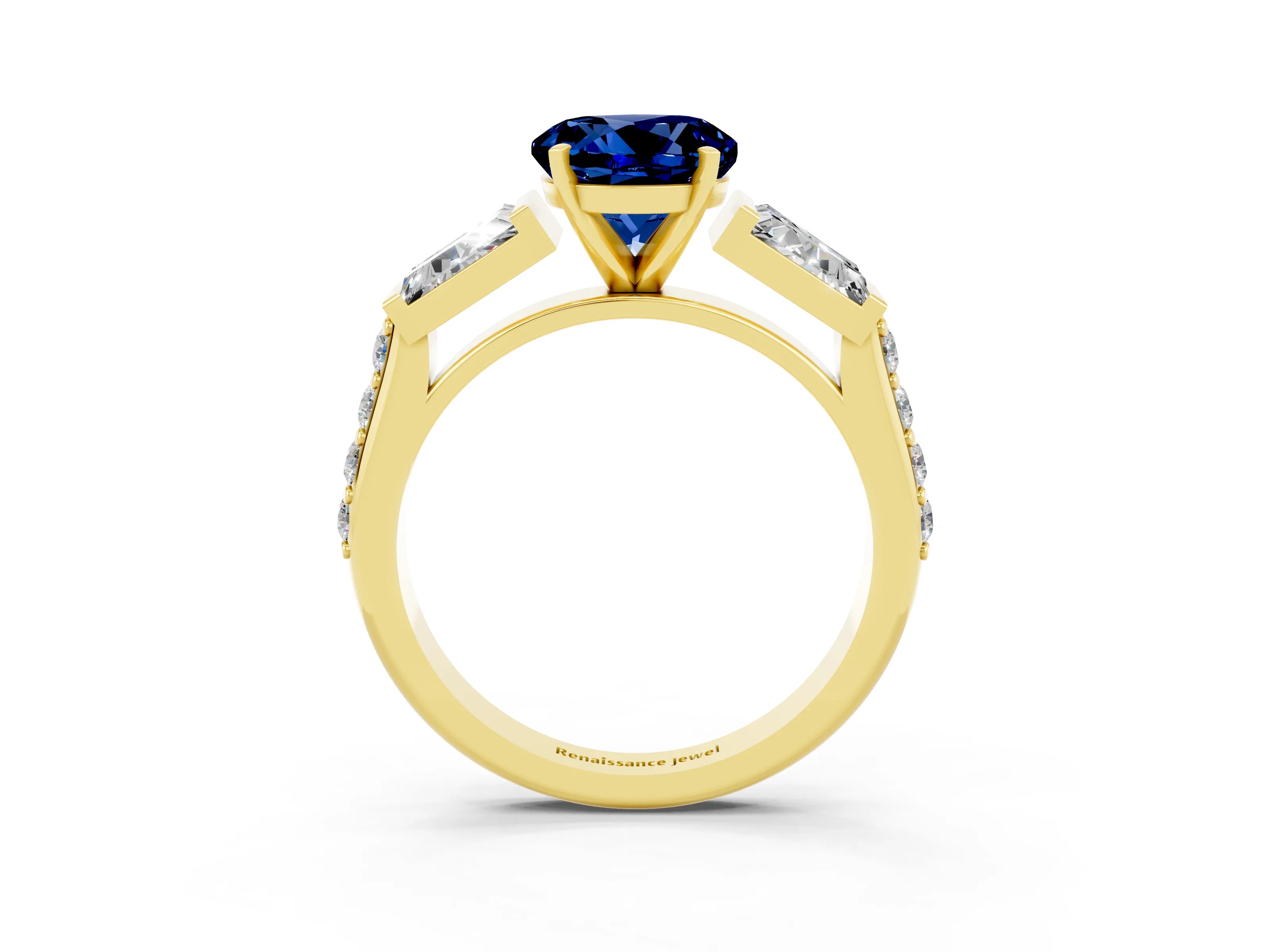 Yellow gold Round Cut Blue Sapphire Engagement Ring with Baguette Side Stones and Channel Set Band_3