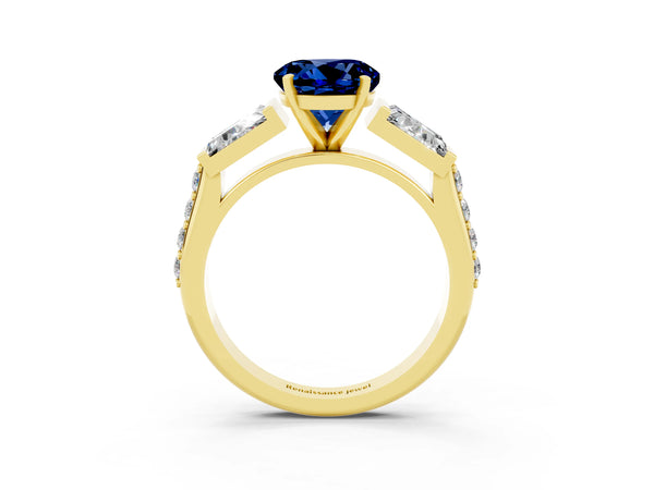 Yellow gold Round Cut Blue Sapphire Engagement Ring with Baguette Side Stones and Channel Set Band