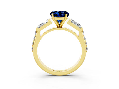 Yellow gold Round Cut Blue Sapphire Engagement Ring with Baguette Side Stones and Channel Set Band_3